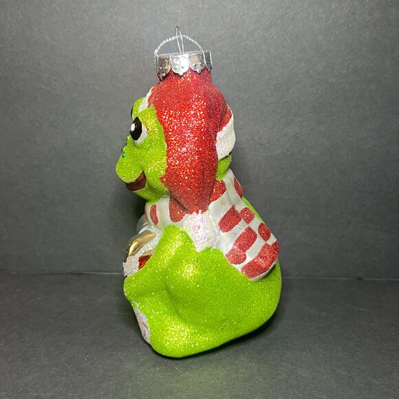 Vintage Large Green & Red Glitter Blown Glass Frog Christmas Ornament 5" - Picture 3 of 6